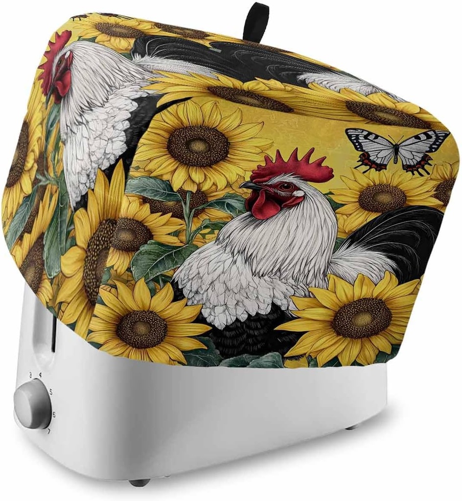 Yellow Sunflower Rooster Toaster Cover 4 Slice, Kitchen Appliance Covers with Pocket & Loop, Retro Rooster Farmhouse Polyester Bread Machine Covers Dust & Fingerprint Protection