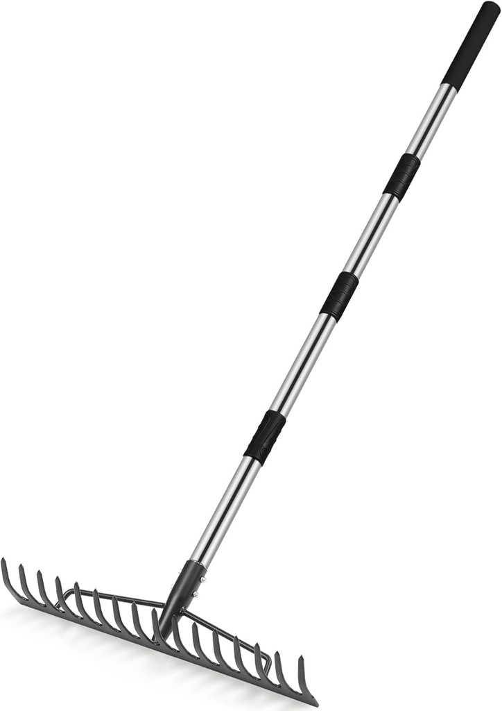 5.2FT Garden Rake, 16 Tines Metal Rakes with Adjustable Stainless Steel Handle, Bowrake for Lawns Heavy Duty Loosening Soil Farming Land Management, Gathering Leaf Yard Rake with Gloves
