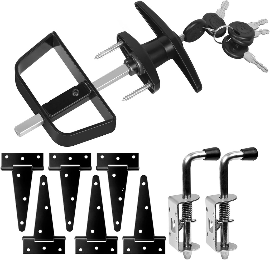 Shed Door Hardware - Complete with Hinges, Latches, and T-Handle Lock - Includes Window and Door/Window Hinge Set, for Gates, playrooms