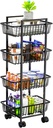 Simple Trending 4 Tier Rolling Fruit Vegetable Basket Cart, Metal Wire Kitchen Storage Organizer on Wheels for Bread Onion Potatoes, Black