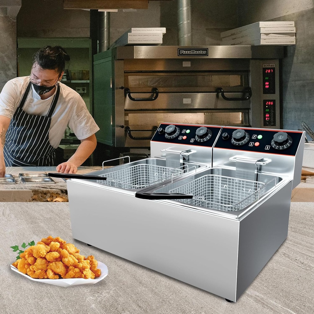 Garvee Dual-Tank Commercial Deep Fryer, 2 x 6.3 QT Stainless Steel Countertop Fryer Machine with Baskets and Lids, 3000W Oil Fryer with Temperature Control for Home and Restaurant Use