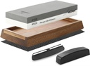 HEZHEN Extra Large Double-sided White Corundum Whetstone Knife Sharpening Stone Grit 1000/5000 Waterstone- 7.9x3.1x1.2 inch Knife Sharpener- Non-slip Acacia Wood Base & Flattening stone & Angle Guide