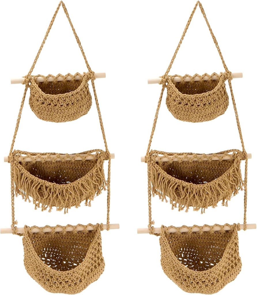 2 PCS 3 Tier Detachable Hanging Baskets, Cotton Woven Hanging Fruit Basket, Brown Handmade Wall Fruit Holder Hanging Organize Basket for Kitchen,Home Storage