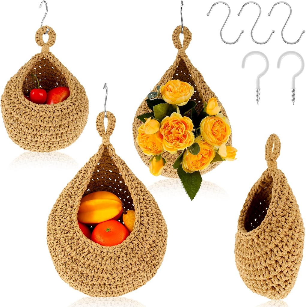 3Pcs Hanging Fruit Baskets, Hanging Fruit Basket for Kitchen wall, Woven Boho Breathable Vegetable Wall Baskets, 3 Sizes Woven Cotton Rope Hanging Baskets, for Kitchen Tomato Potato Onion Garlic