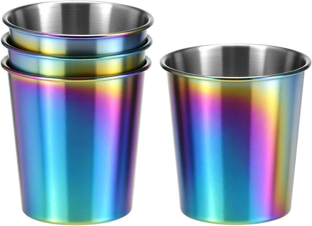 QWORK 8 oz Stainless Steel Cups, 4 Pack Stackable 304 Steel Cup, Metal Drinking Glasses, Rainbow Electroplated Cups, 8 oz / 260 ml