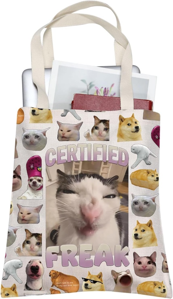 TOBGBE Funny Certified Freak C-at M-eme T-ote Bag Many Kawaii Cat M-eme Quote Merchandise Cat M-emes Gifts Funny Meme Tote