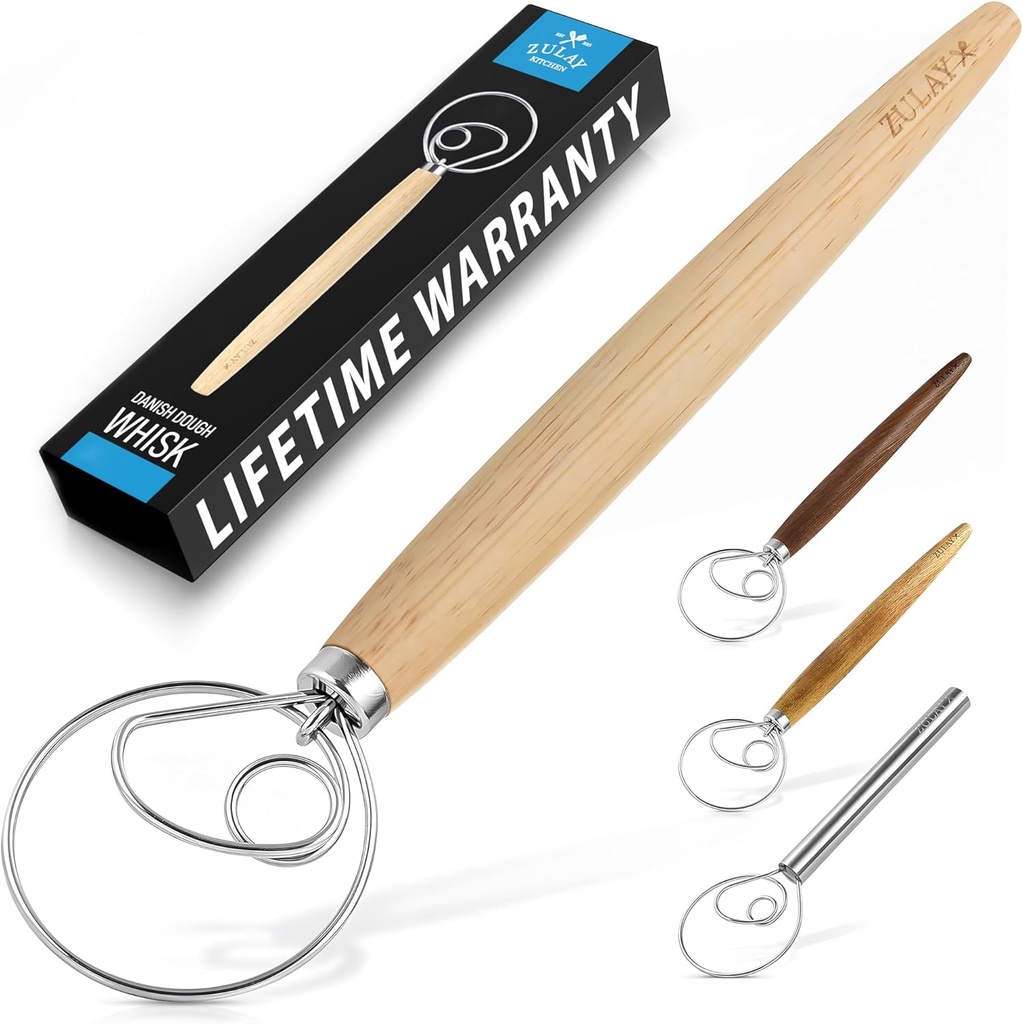 Zulay Kitchen 13-Inch Danish Dough Whisk - Wooden Danish Whisk for Dough with Stainless Steel Dough Hook - Traditional Dutch Whisk - Bread Whisk for Sourdough, Pizza, Pastry, Cake Batter