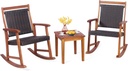 HAPPYGRILL 3 Pieces Rocking Bistro Set Acacia Wood Patio Rocking Chairs with Coffee Table, Rattan Wicker Rocking Conversation Set for Garden Porch Backyard