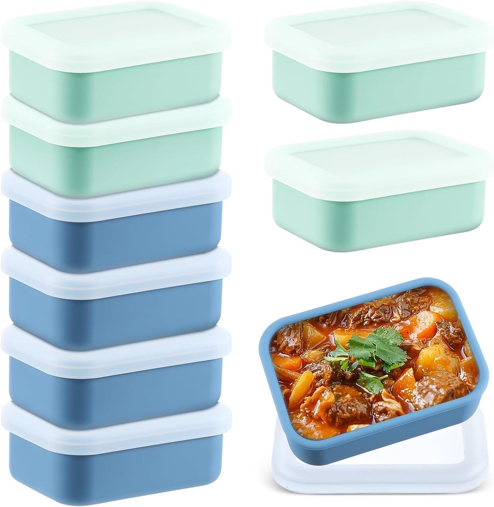 8 Pcs 1 Cup Silicone Freezer Trays with Lid - Rectangle Soup Freezer Containers - Reusable Food Preserving Tray - Freezing Ice Trays for Soups Sauces Stews (Sage Green, Dark Blue)