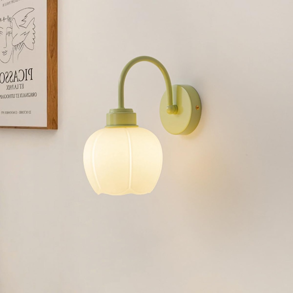 Green Flower Wall Sconce Milk Glass Wall Light Nordic Hallway Wall Lighting Fixture Gooseneck Mid Century Modern Wall Mounted Lamp for Bedroom Living Room Farmhouse Bathroom Kitchen