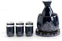 Sake Set, Saki Cups，Crafts CupCeramic Sake Set， Sake Set with Warmer, Traditional Pottery Hot Saki Set 8-Piece including Electric thermostat, Warming Pot, Sake Pot, Sake Cups,With tray,6 cups (Color