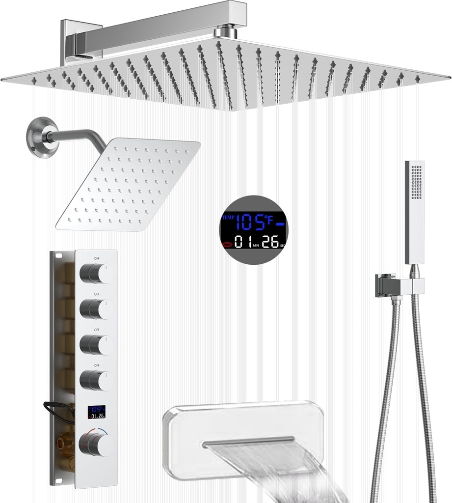 Luxury Rainfall Shower System Temperature Display Chrome Full Body Shower System With Waterfall Tub Spout 12 & 8 Inch Dual Shower Head System with Brass Handheld Shower