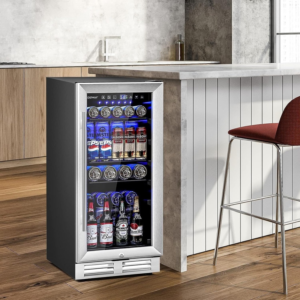 15 Inch Beverage Cooler Refrigerator, 100 Can Built-in Freestanding Beverage Fridge w/Adjustable Temp Shelf, Quiet Operation, Lock, Compressor Circulation Cooling, Wine Cellar for Soda, Beer