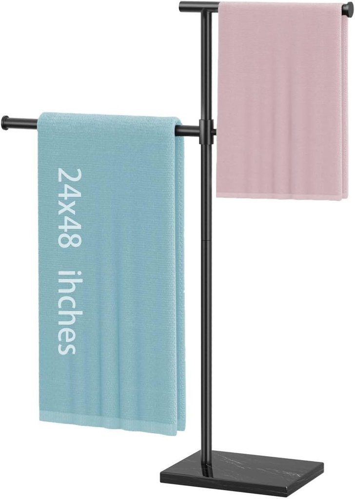 31 Inch Freestanding 2-Tier Towel Rack for Bathroom, 360° Rotatable & Adjustable Height, SUS304 Stainless Steel with Heavy Marble Base, Space-Saving F-Shaped Design for Towels & Bathrobes
