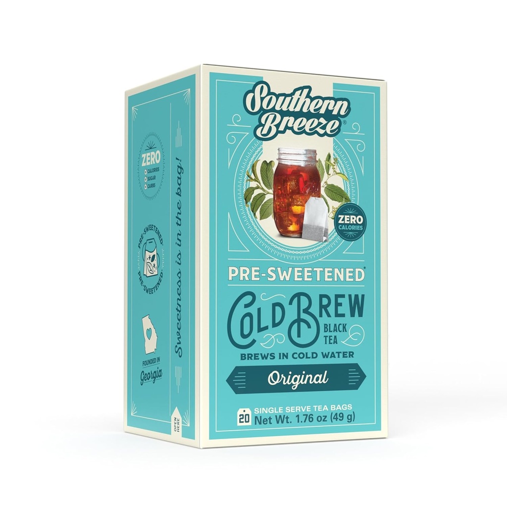 Southern Breeze Cold Brew Sweet Tea Original Iced Tea with Black Tea and Zero Carbs Zero Sugar, 20 Individually Wrapped Tea Bags Southern Sweet Tea Iced Tea Beverage
