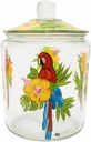 Hand painted half gallon storage/cookie jar. Painted in red parrot/yellow hibiscus.