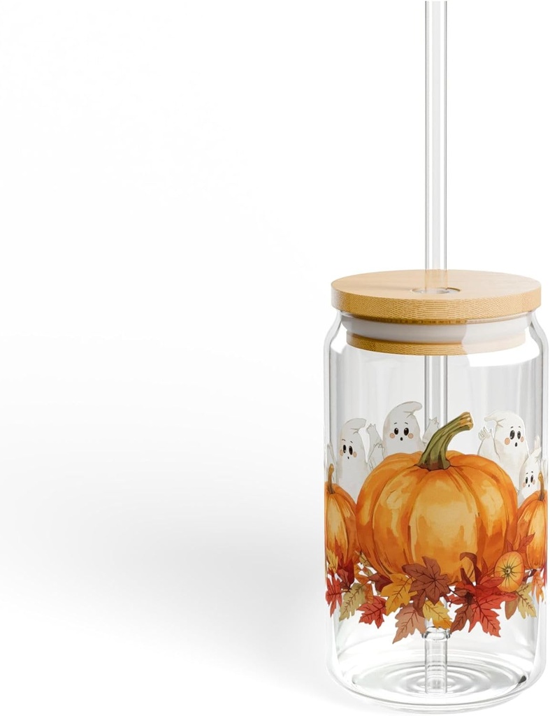 Halloween Pumpkin & Ghost Sipper Glass with Lid and Straw – 16oz Frosted Cup for Iced Coffee, Tea, and Festive Fall Drinks
