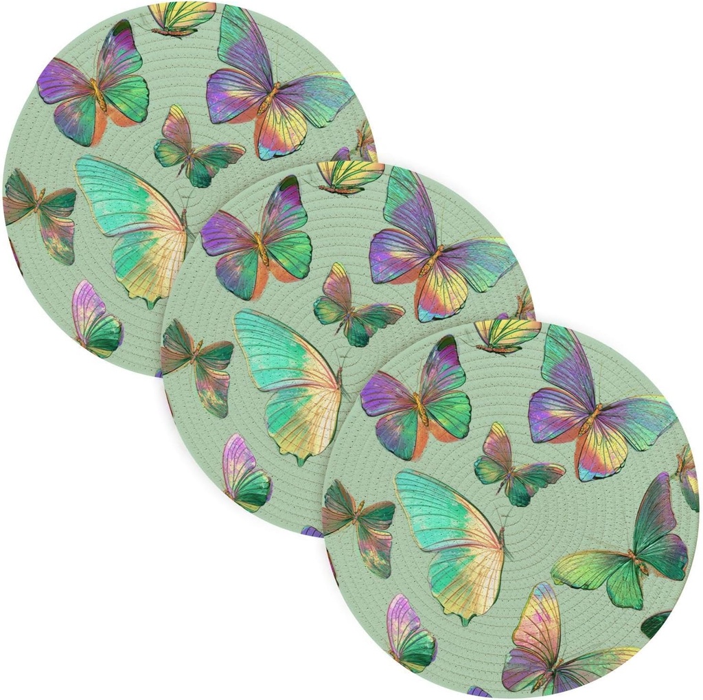 3 Pcs Hot Dishes Trivets for Crock Pot Dreamy Butterfly Green Art 15in Polyester-Cotton Thread Weave Cookware Protects alfombrilla de para cocina