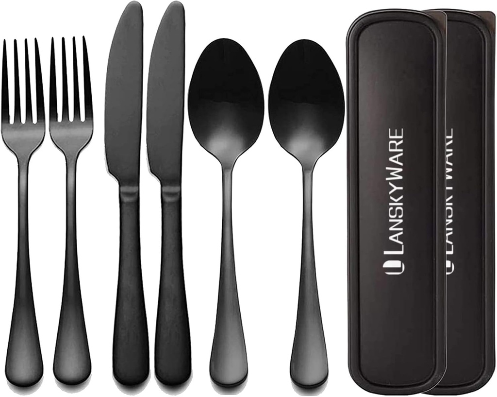 Portable Utensils Set with Case,Reusable Office Flatware Set,Healthy Travel Cutlery Set Stainless Steel 2 Fork, 2 Spoon,2 Knife Cutlery Ideal for Travel, Lunch Box and Camping (Black 3 PCs-2 Sets)