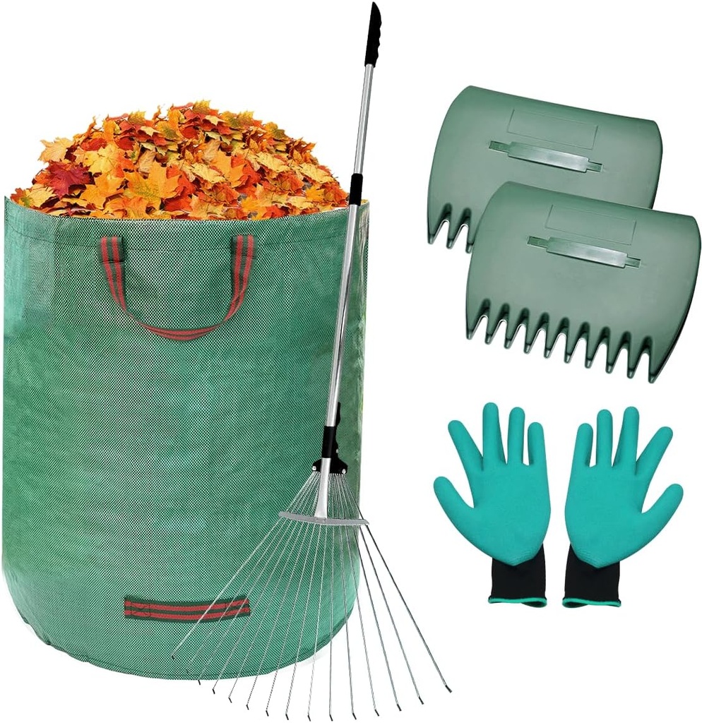 Adjustable Metal Leaf Set 65" Adjustable Handle Rake Set,32-63" Handle, 8-23" Wide with 72-Gallon Leaf Scoops&Bag-Heavy Duty Garden Rake for Lawns, Shrubs, Grass, Flower Beds & Outdoor Use