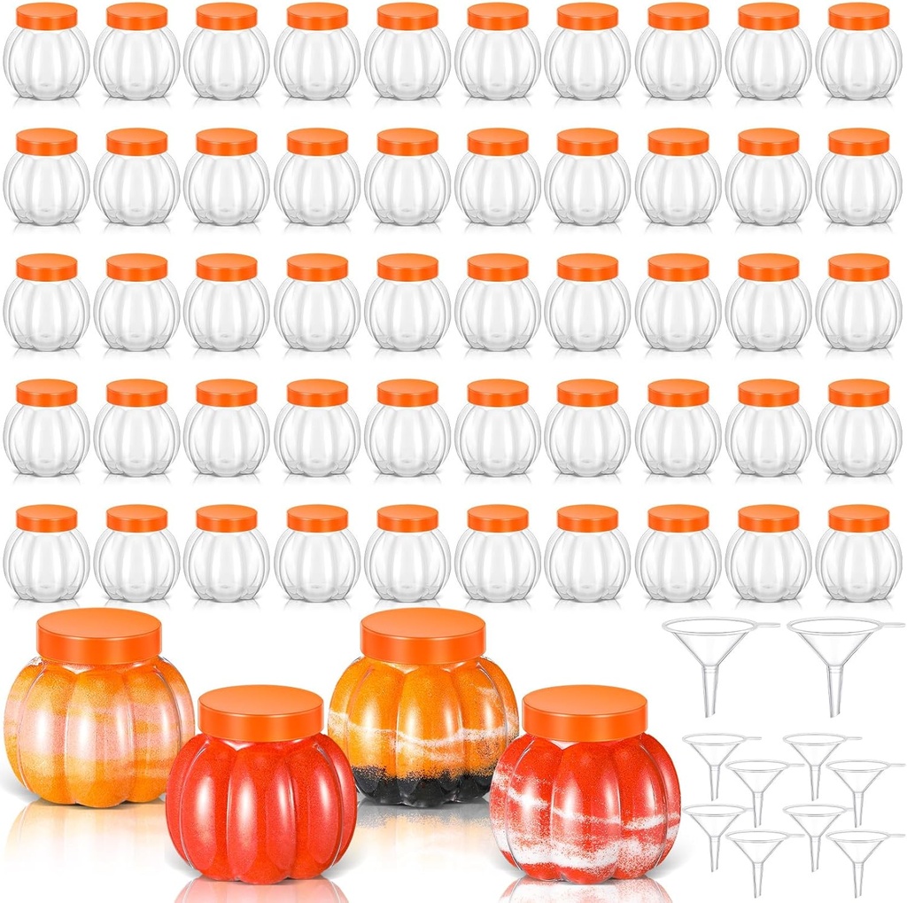 Hsei 100 Pcs 2 oz/ 60ml Plastic Pumpkin Jar with Lids Mini Halloween Pumpkin Candy Jar Small Fall Containers Clear Sand Art Potion Bottles for ThanksGiving Party Decoration Cookie Autume Gift Crafts