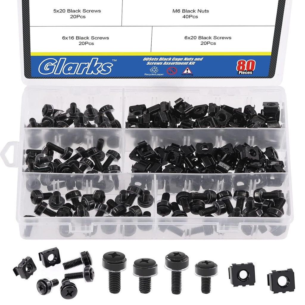 Glarks 80Sets/160Pcs M5 M6 Cage Nuts and Screws Set, M5 x 16mm, M5 x 20mm, M6 x 16mm, M6 x 20mm Square Hole Hardware Cage Nuts & Mounting Screws Washers for Server Rack and Cabinet (Black)