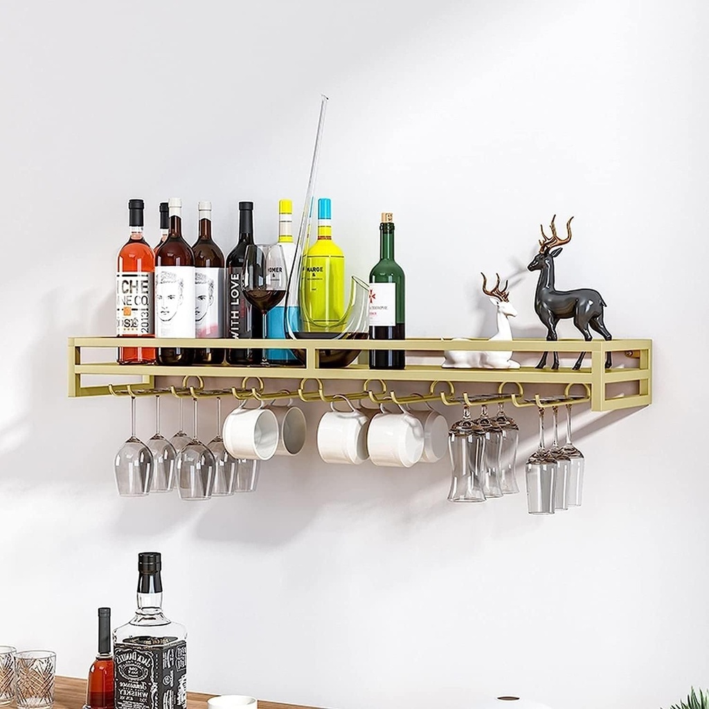 Wall Mounted Wine Rack, Wine Champagne Glass Goblets Stemware Rack Holder Long Horizontal Small Wine Storage Display Shelf Organizer for Bar, Wine Cellar, Kitche - Gold,100 * 20 * 8.5cm