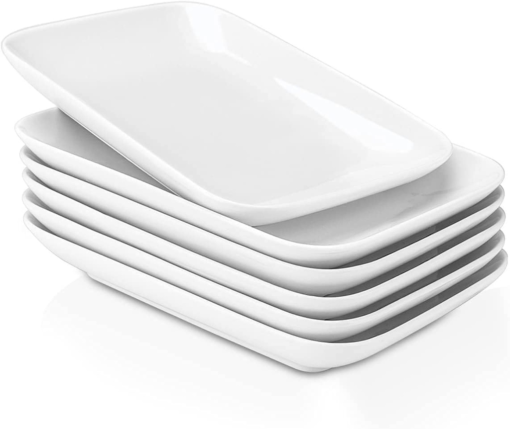 DELLING 8 Inch Rectangular Appetizer Plates, Salad Plates Set, Ceramic Dessert Plates, Small Serving Plates for Salad, Appetizer, Snack, Sushi - Microwave, Oven, and Dishwasher Safe - Set of 6, White
