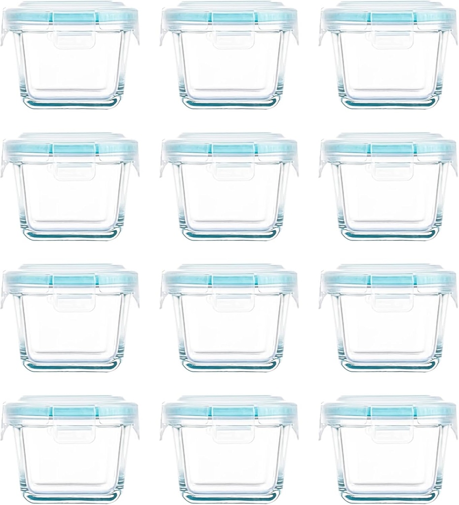 Mini Glass Food Storage Containers - 12 Pack 5.4 oz Small Glass Jars with Locking Lids - Square Food Containers - Microwave Dishwasher Safe