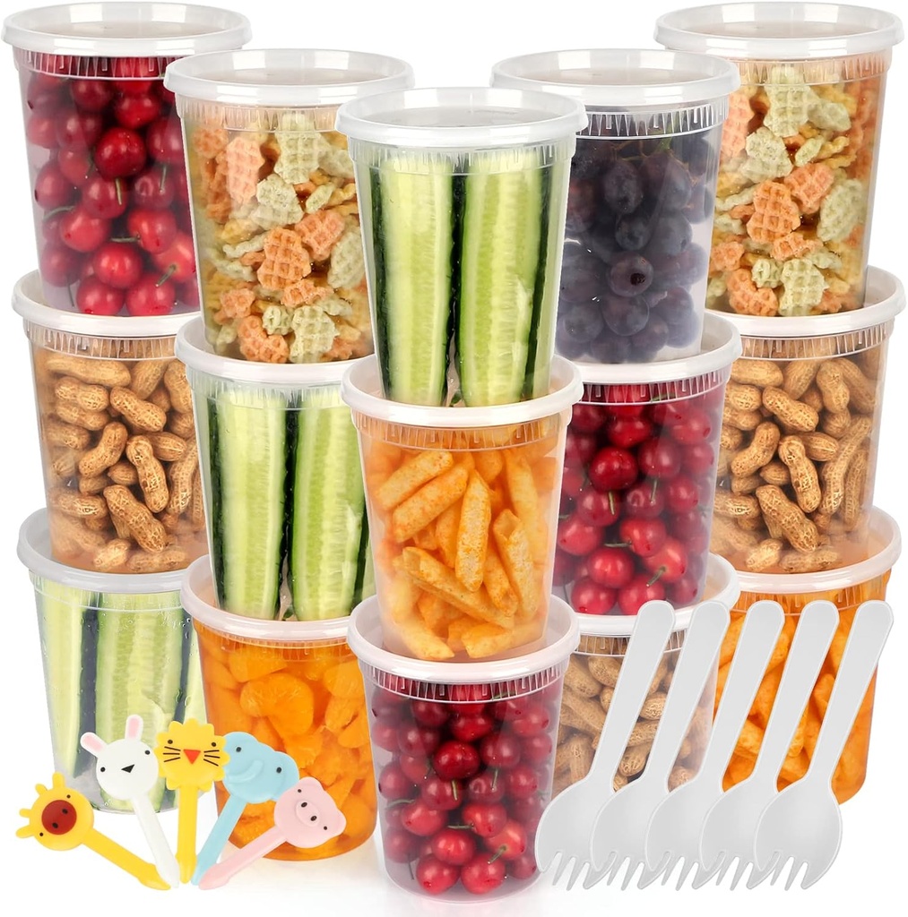 [25 Pack, 32oz] Food Storage Containers with Lids - BPA-Free | Airtight | Stackable Plastic Deli Containers (Includes 10 Spoons & 10 Forks), Dishwasher, Microwave & Freezer Safe