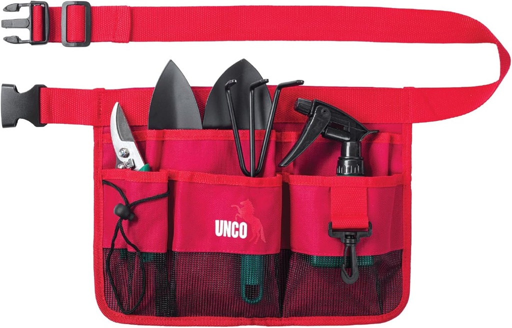 UNCO- Adjustable Gardening Belt, Red, 7 Pockets, Wear, Cut and Water Resistant, Garden Tool Belt Pouch, Waist Apron with Pockets