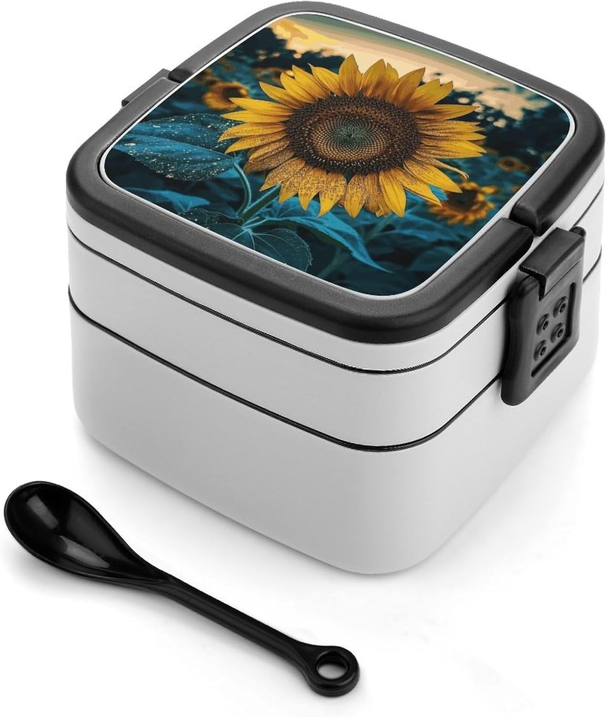 The Most Beautiful Sunflower Bento Box, Reusable Double Layer Lunch Box with Handle & Dividers, 1000ml Leakproof Lunch Container for Office, Picnic, Travel