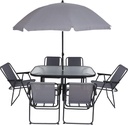 Folding Patio Dining Set, Garden Patio Furniture Set, 8-Piece Outdoor Dining Set with Tilted Removable Umbrella, 6 Folding Chairs, and 1 Rectangular Tempered Glass Table – Grey