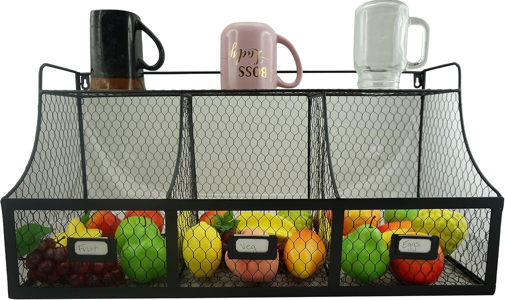 3 Compartment Metal Storage Basket Wall Mount Large Kitchen Hanging Iron Organizer Fresh Vegetable Produce Rack Heavy Duty Mounted Veggie Holder Chicken Wire Bin Black