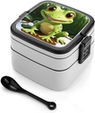All-in-One Bento Box Stackable Leak-Proof Lunch Box With Carry Handle 2 Layer Portable Meal Prep Container Cute Frog Lunchbox with Utensils for Dining Out Work, Black