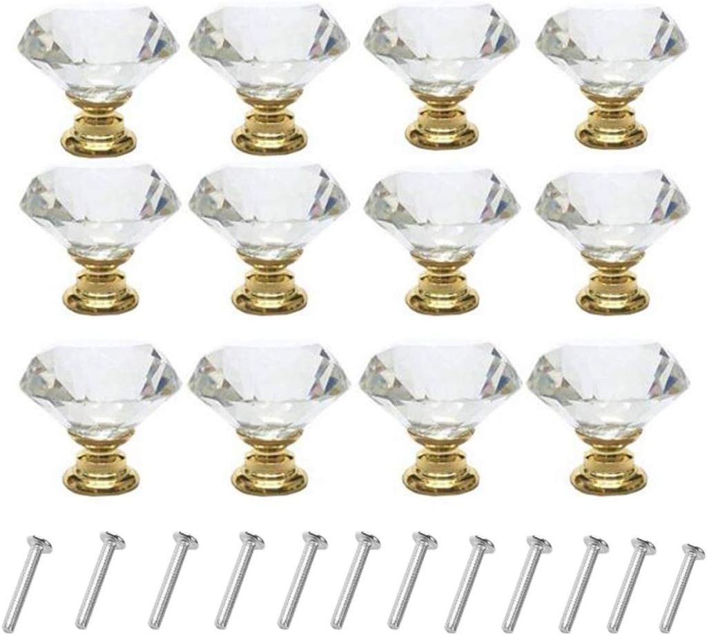 12 Pcs 30mm Diamond Shape Crystal Glass Cabinet Knobs with Screws Drawer Knob Pull Handle Used for Kitchen, Dresser, Door, Cupboard (GOld B Clear)