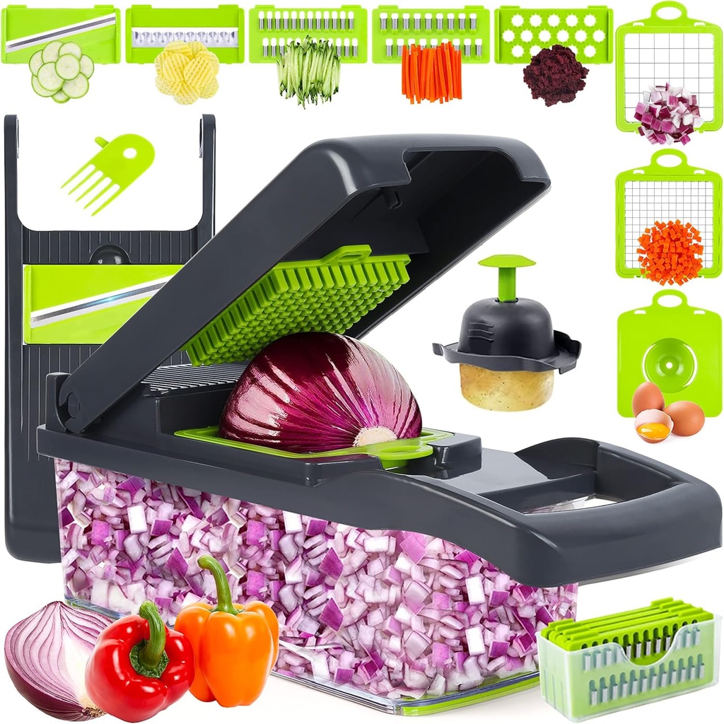 Vegetable Chopper Mandoline Slicer,Veggie Chopper, Multifunctional 10 in 1 Food Choppers, Kitchen Vegetable Slicer Dicer Cutter,Onion Mincer,Cheese,Colander Basket,Kitchen Gadgets (Gray/Green) (Grey)