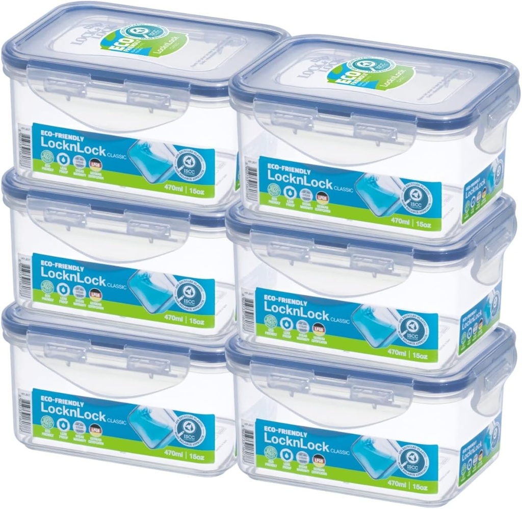 Lock & Lock Rectangular Water Tight Food Container, Set of 6 (15 oz each)
