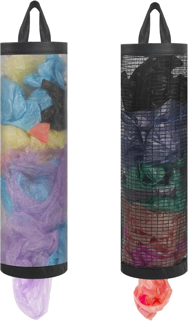 2 PCS Plastic Bag Holder, Mesh Hanging Grocery Bag Holder Trash Bag Organizer Hanging Storage Bag Dispenser for Home Kitchen Garbage Bag Shopping Bag