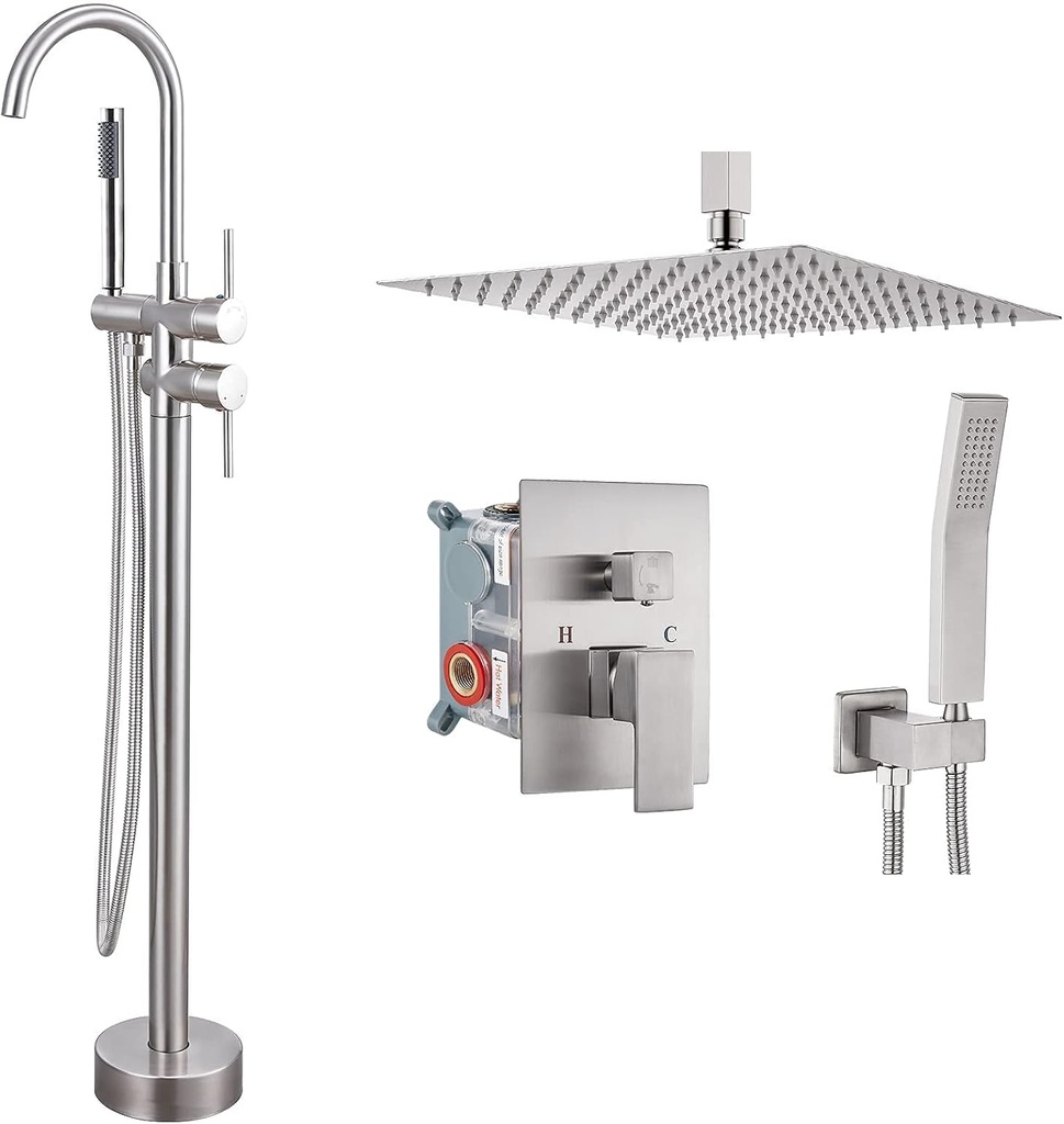 Aolemi Floor Mount Bathtub Faucet Freestanding Tub Filler Brushed Nickel Standing High Flow Shower Faucets with Handheld Shower Mixer Taps Swivel Spout 10’’ Shower System Ceiling Mount Shower Combo