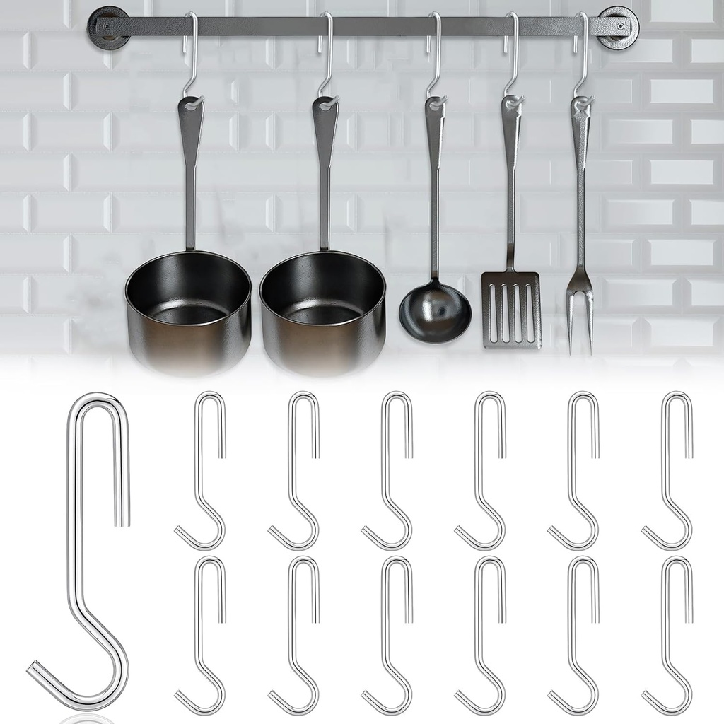 12 Pcs Heavy Duty Pot Hooks Straight Pans Hooks Use with Pot Racks Galvanized Steel Pans Storage Holder for Hanging Kitchen Utensils