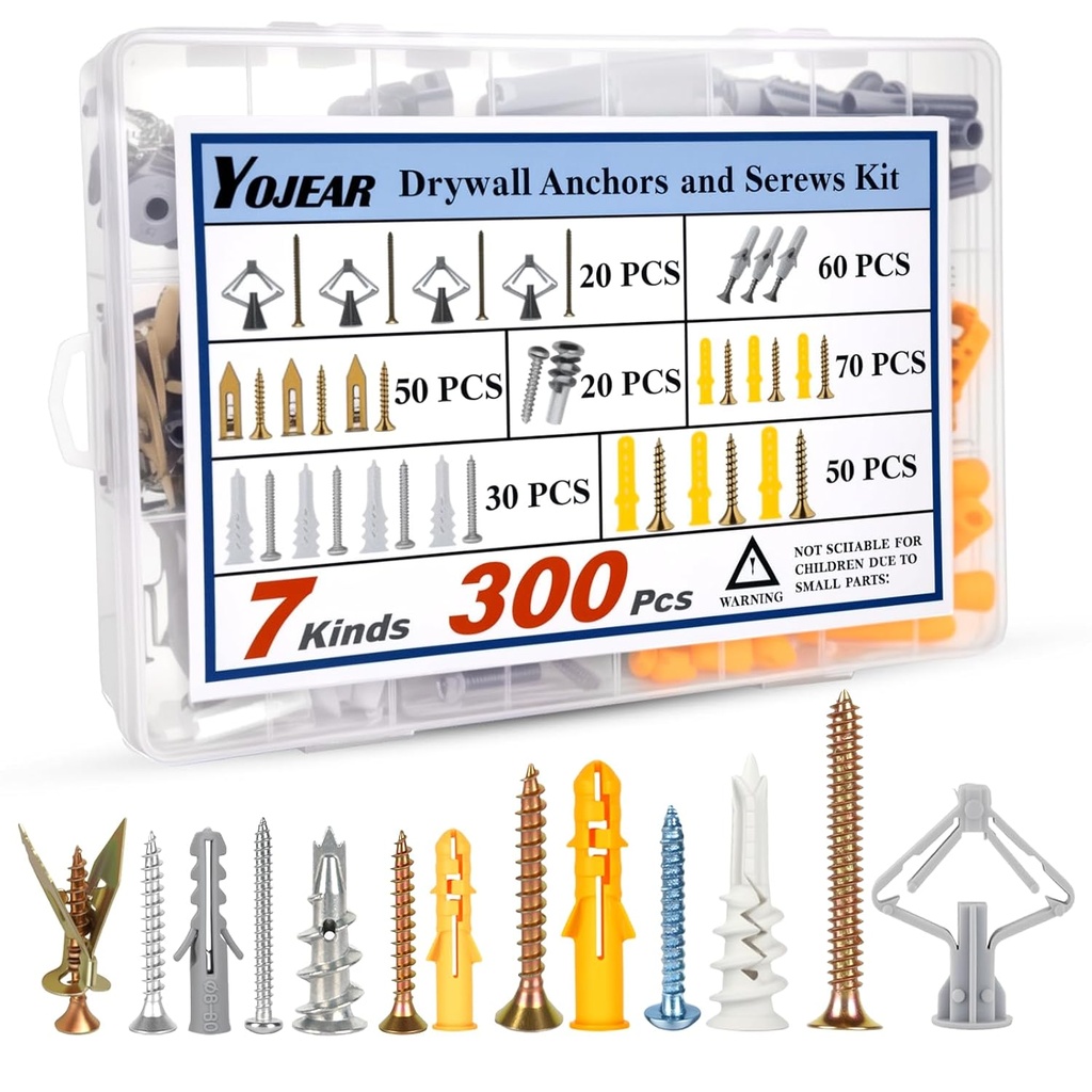 Drywall Anchors and Screws Assortment Kit 300PCS, 7 Types, 150 Heavy Duty Sheetrock Anchors and 150 Philips Self Drilling Screws Hardware Set, Easy for Dry Wall, Shelve, Hanging and Mounting