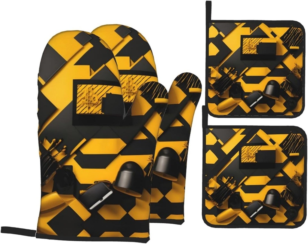 Mustard Yellow and Black Oven Mitts and Pot Holder 4-Piece Set,for Cooking Barbecue, Pot Lid, Microwave,Heat-Resisting