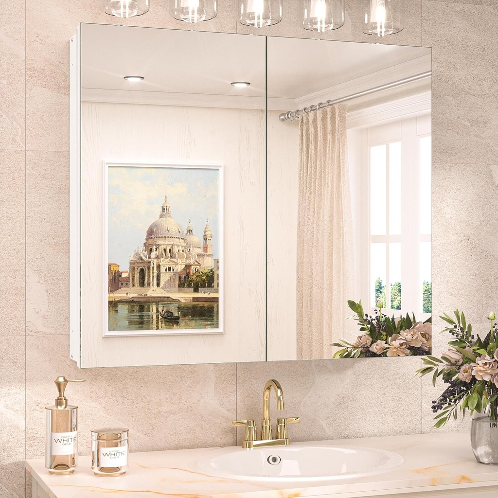 TokeShimi 30x26 Medicine Cabinet Mirror with Storage Tempered Aluminum Recessed or Wall Mounted Cabinet White with Stepless Adjustable Metal Shelves for Bathroom Vanity Modern Farmhouse