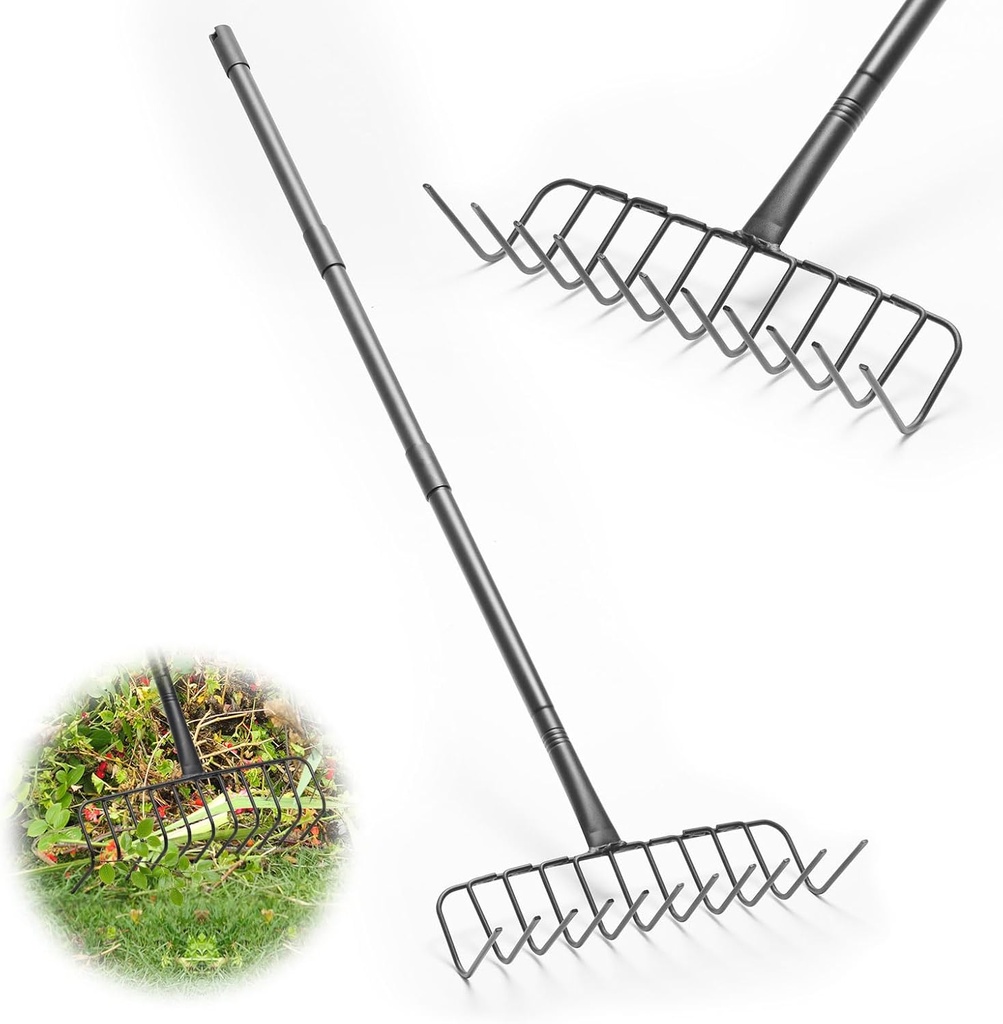 Rake, Heavy Duty Garden Rake with 11 Tines, 51 Inch Handle, 16 Inch Wide, Metal Garden Thatch Leaf Rakes for Raking Gathering Mulch,Metal Bow Rakes for Lawn Yard Bushes Pine Needles Leaves Grass