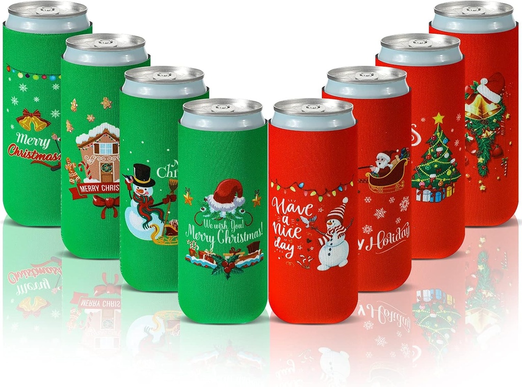 Tatuo 8 Pieces Christmas Beer Can Coolers Sleeves Xmas Slim Can Sleeves Neoprene Insulated Beverage Drink Covers Reusable Skinny Insulator Drink Holder Protective Covers for Christmas Party Supplies
