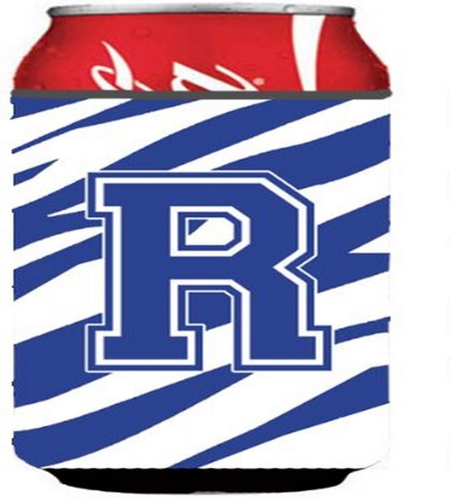 Caroline's Treasures CJ1034-RCC Letter R Initial Tiger Stripe Blue and White Can or Bottle Hugger Cooler Washable Drink Sleeve Collapsible Beverage Insulated Holder, Can Hugger, Multicolor