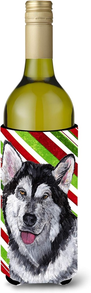 Caroline's Treasures SC9490LITERK Alaskan Malamute Candy Cane Holiday Christmas Wine Bottle Hugger Bottle Cooler Sleeve Hugger Machine Washable Collapsible Insulator Beverage Insulated Holder