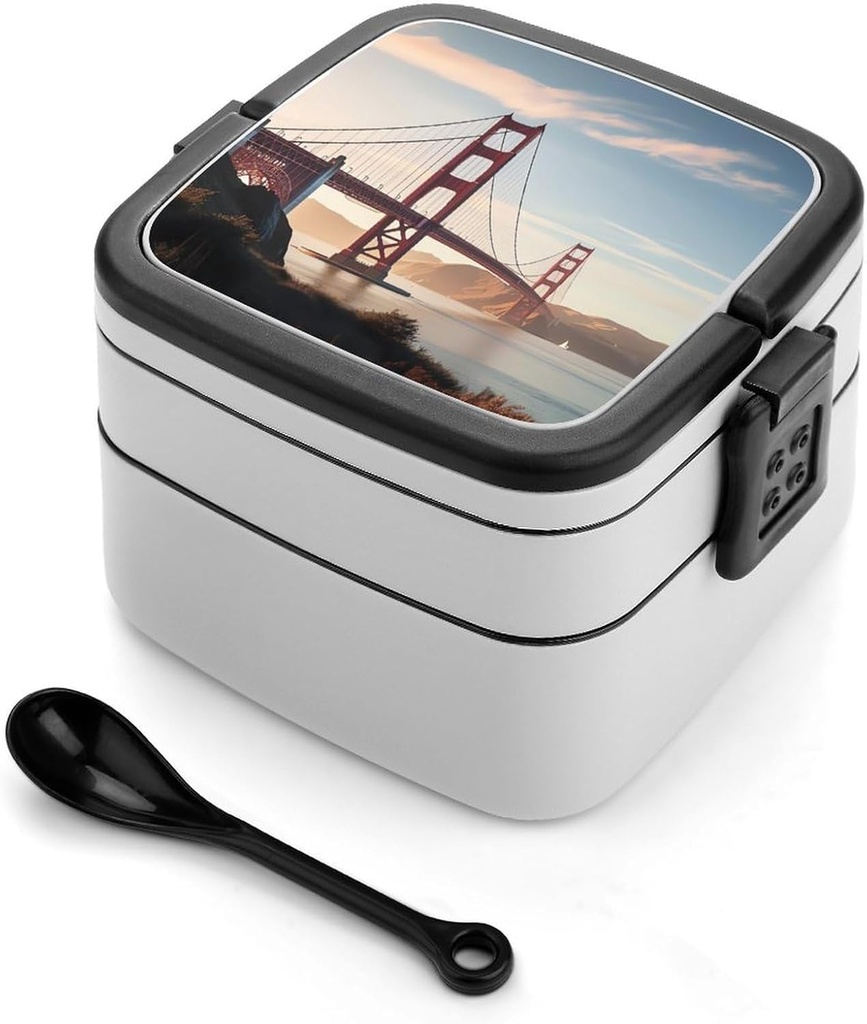 Personalize Double Layer Bento Box Golden Gate Bridge Lunch Box - Durable, Leak-Proof with Spoon Adult Premium Bento Case for Work Travel Camping