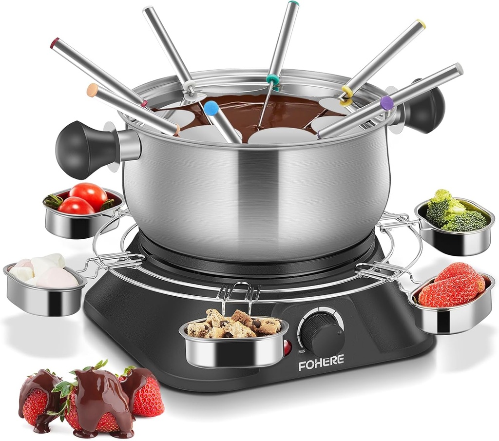 FOHERE 1500W Electric Fondue Pot Set, 1.4QT Non-Stick Electric Fondue Pot with 8 Color-Coded Forks, 6 Pcs Cups and Anti-Scald Handle, Precise Temperature Control for Cheese,Chocolate,Oil and Broth